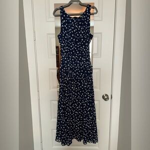 R&K Chiffon Maxi Dress - Navy Blue with White Polkadots - 18